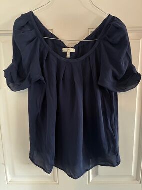 Joie Navy Silk Short-Sleeve Scoop Neck Blouse with Tie on Back Size XS